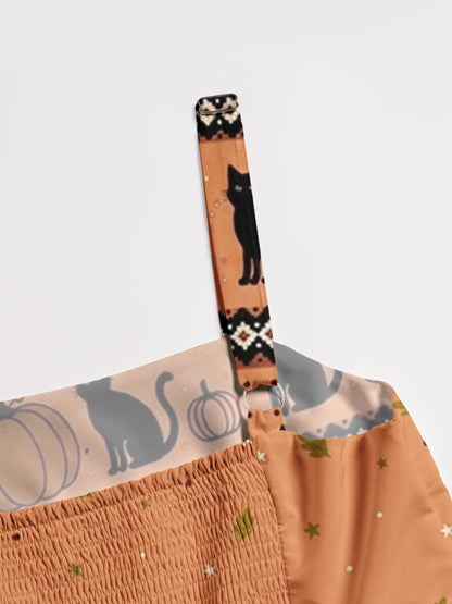 Pumpkin Spell Black Cat Print Wide Straps Maxi Dress With Pockets