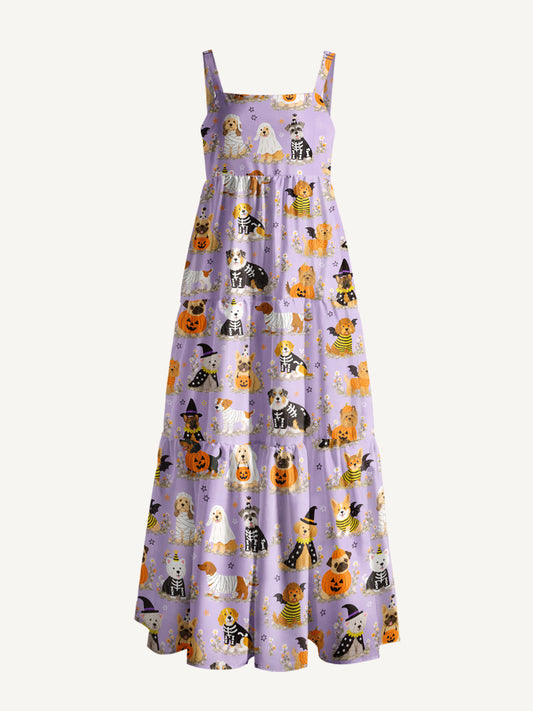 Halloween Puppy Wonderland Print Wide Straps Maxi Dress With Pockets