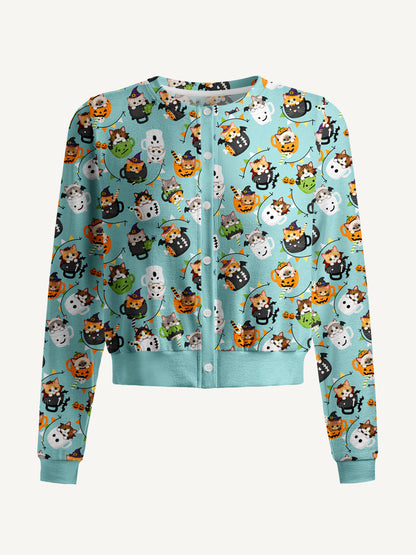 Lightweight Crew Neck Long‑Sleeve Cropped Mint Pumpkin Kitty Halloween Fun Print Fine‑Knit Cardigan
