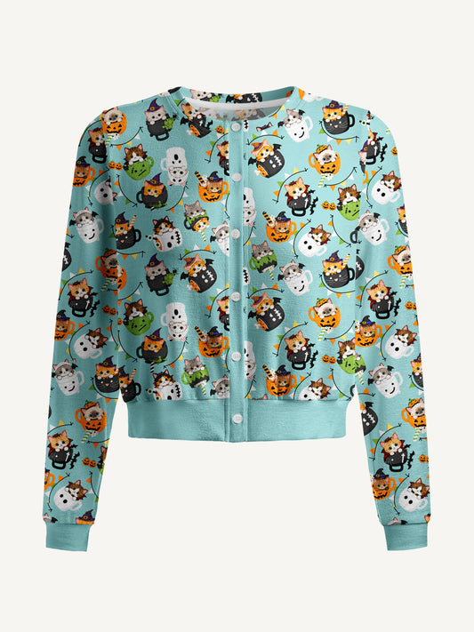 Lightweight Crew Neck Long‑Sleeve Cropped Mint Pumpkin Kitty Halloween Fun Print Fine‑Knit Cardigan