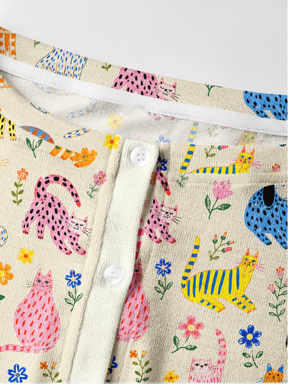 Lightweight Crew Neck Long‑Sleeve Cropped Colorful Whimsical Garden Cats Pattern Print Fine‑Knit Cardigan