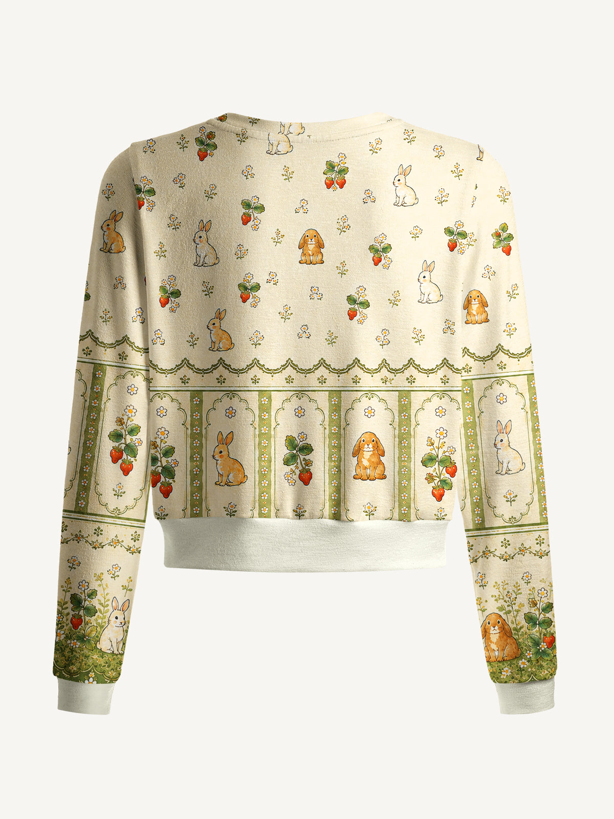 Lightweight Crew Neck Long‑Sleeve Cropped Bunnyberry Garden Print Fine‑Knit Cardigan