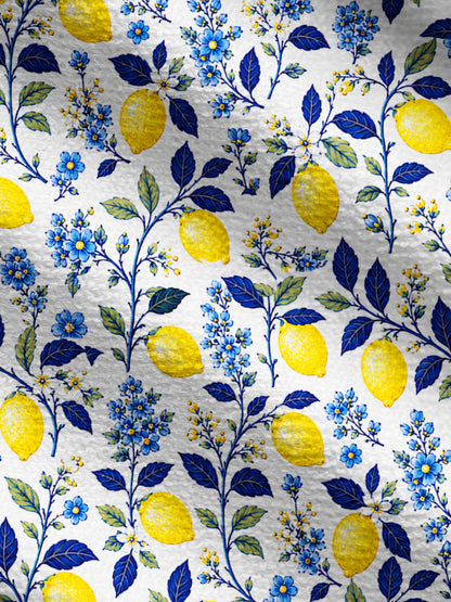 Lightweight Crew Neck Long‑Sleeve Cropped Blue Lemon Floral Print Fine‑Knit Cardigan