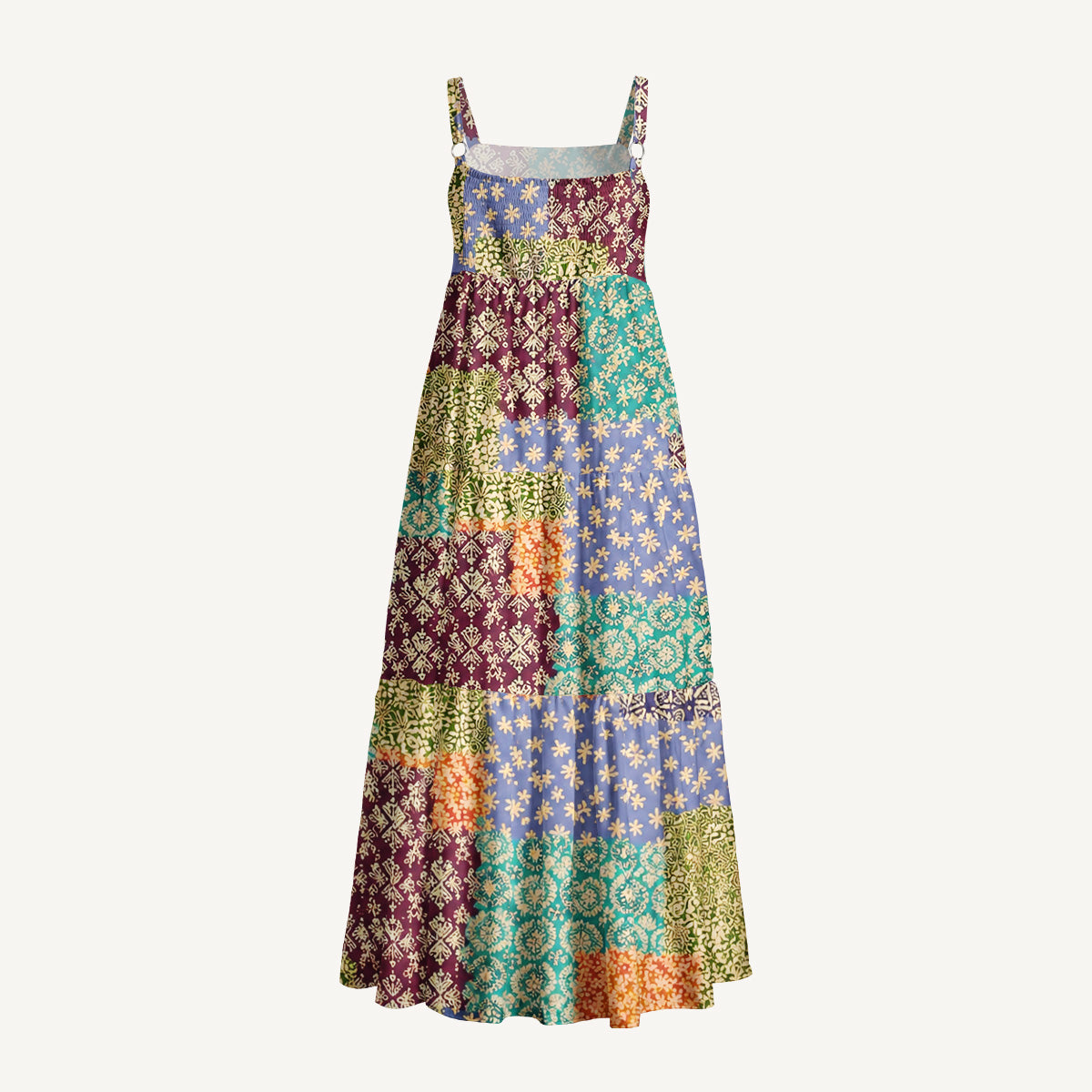 Vintage Patchwork Print Wide Straps Maxi Dress With Pockets