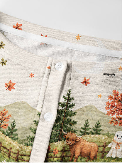 Lightweight Crew Neck Long‑Sleeve Cropped Autumn Pumpkin Pasture Print Fine‑Knit Cardigan