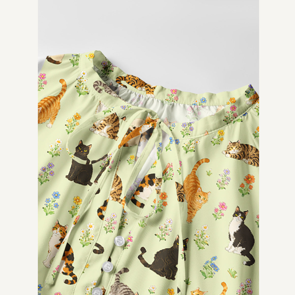 Spring Meadow Garden Kitty Print Boho Long Sleeve Tie‑Neck Smock Mini Dress