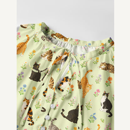 Spring Meadow Garden Kitty Print Boho Long Sleeve Tie‑Neck Smock Mini Dress