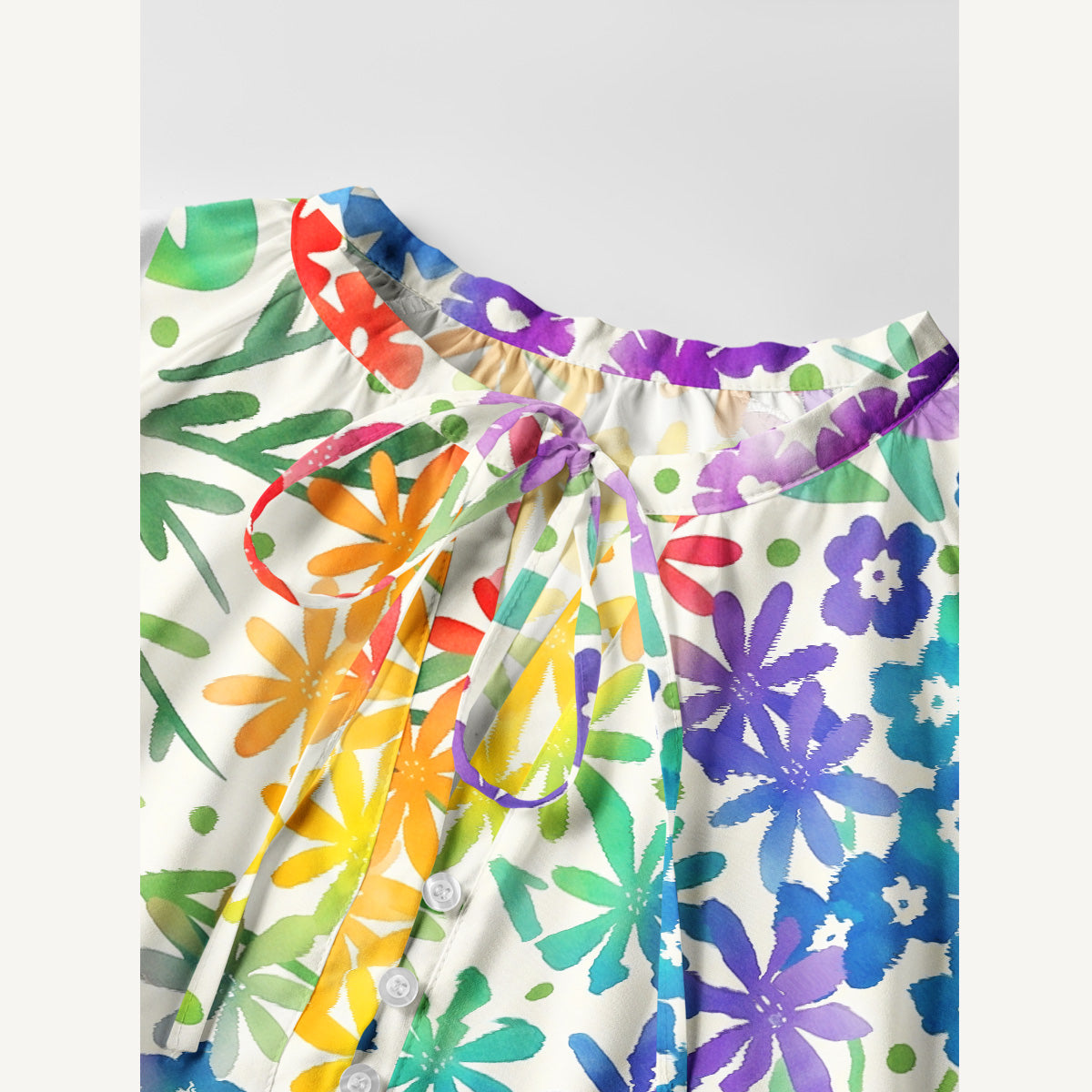 Fun Rainbow Print Boho Tie‑Neck Smock Mini Dress