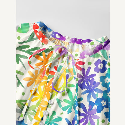 Fun Rainbow Print Boho Tie‑Neck Smock Mini Dress