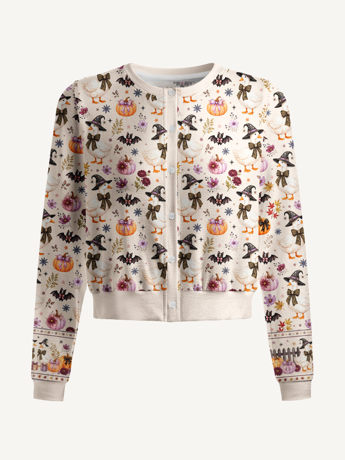 Lightweight Crew Neck Long‑Sleeve Cropped Rustic Halloween Goose Print Fine‑Knit Cardigan