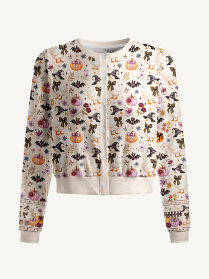 Lightweight Crew Neck Long‑Sleeve Cropped Rustic Halloween Goose Print Fine‑Knit Cardigan