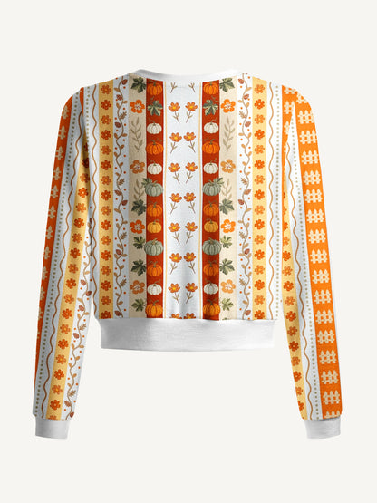 Lightweight Crew Neck Long‑Sleeve Cropped Autumn Pumpkin Patch Stripe Print Fine‑Knit Cardigan