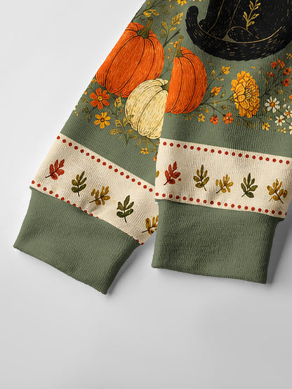 Lightweight Crew Neck Long‑Sleeve Cropped Twilight Pumpkin Garden Black Cat Print Fine‑Knit Cardigan