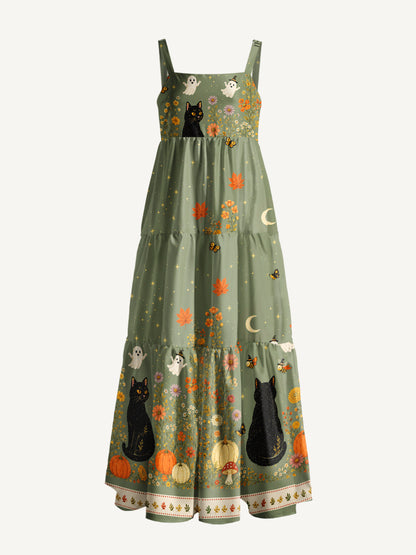 Twilight Pumpkin Garden Black Cat Print Wide Straps Maxi Dress With Pockets