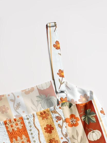 Autumn Pumpkin Patch Stripe Print Wide Straps Maxi Dress With Pockets