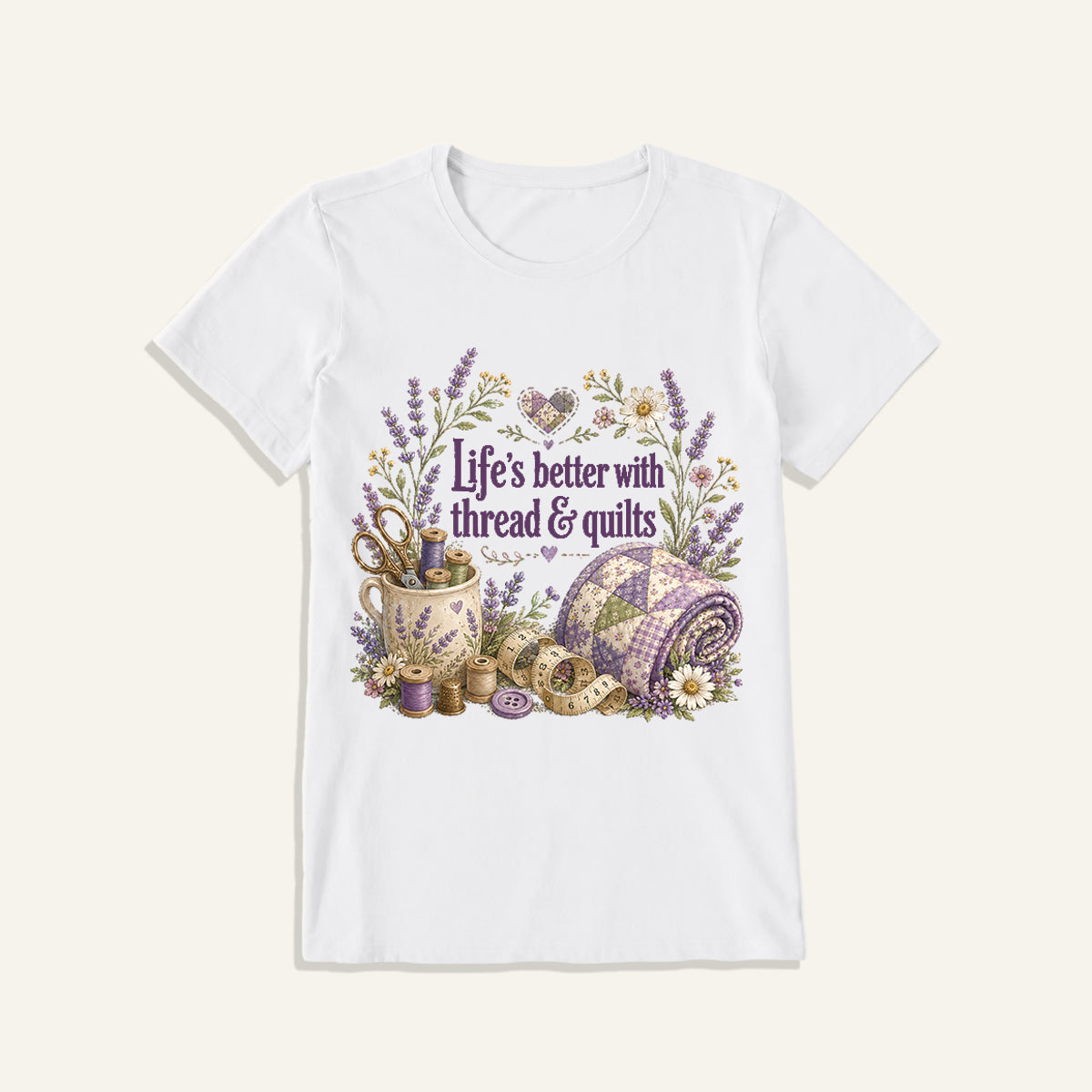 Stitched Quiet Happiness Print Crew Neck Cotton Tee
