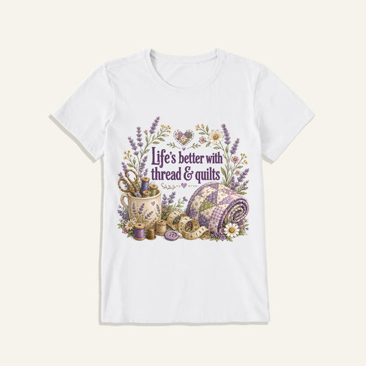 Stitched Quiet Happiness Print Crew Neck Cotton Tee