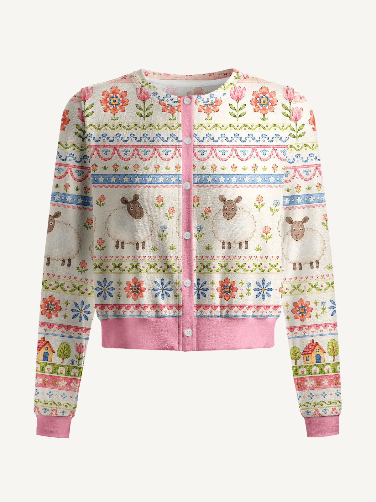 Lightweight Crew Neck Long‑Sleeve Cropped Pastoral Sheep Bands Print Fine‑Knit Cardigan