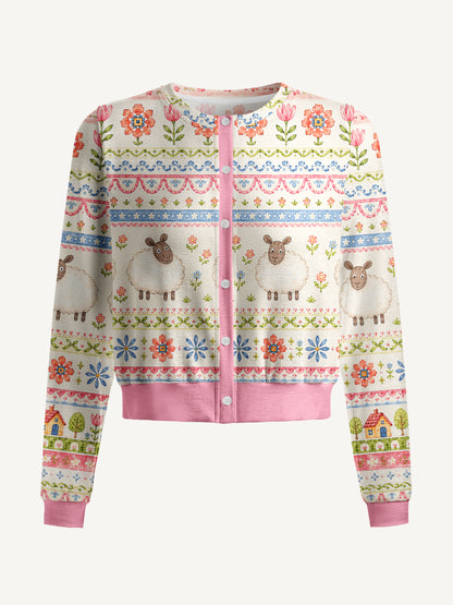 Lightweight Crew Neck Long‑Sleeve Cropped Pastoral Sheep Bands Print Fine‑Knit Cardigan