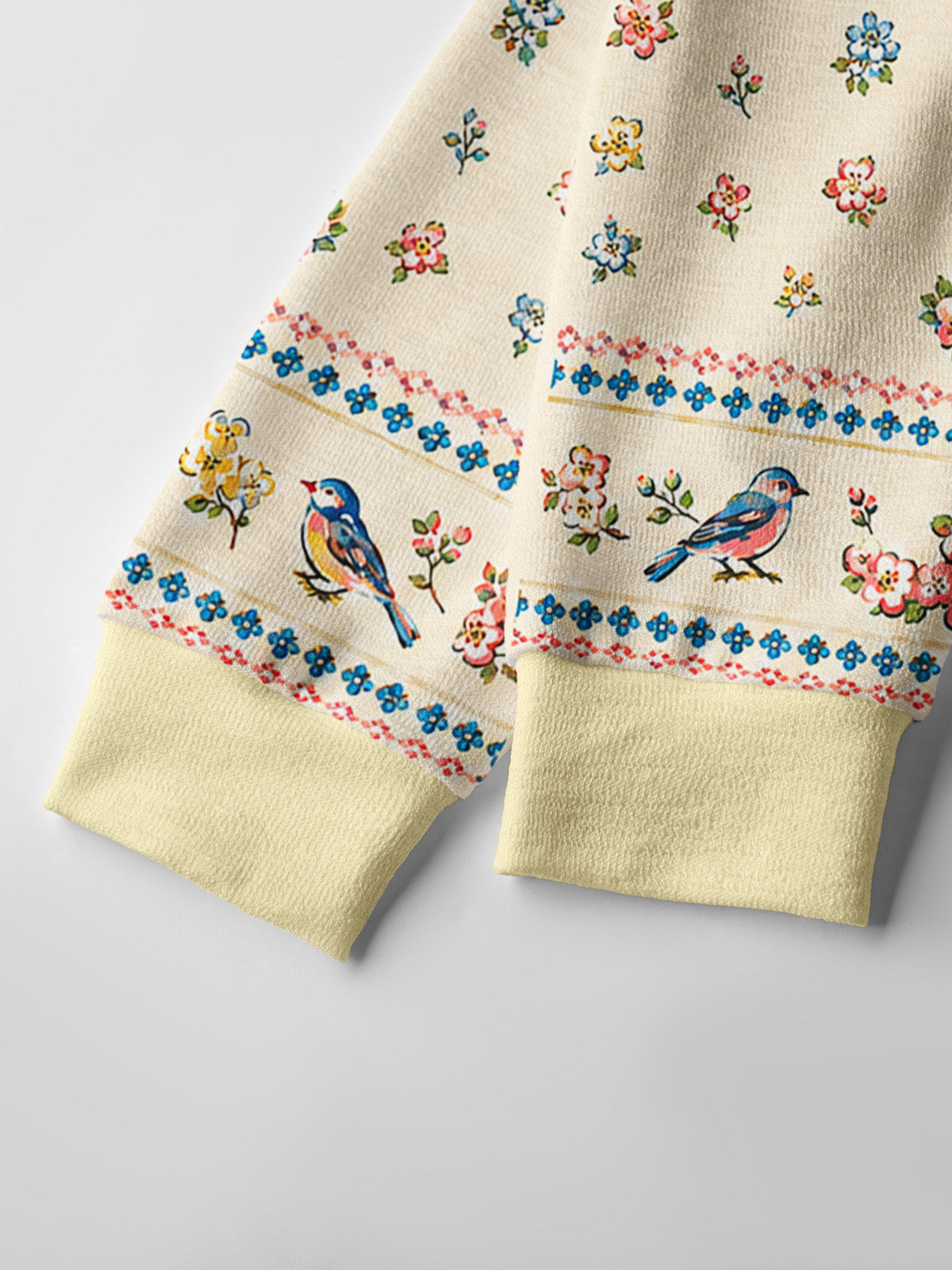 Lightweight Crew Neck Long‑Sleeve Cropped Vintage Floral Songbirds Print Fine‑Knit Cardigan