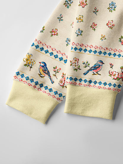 Lightweight Crew Neck Long‑Sleeve Cropped Vintage Floral Songbirds Print Fine‑Knit Cardigan