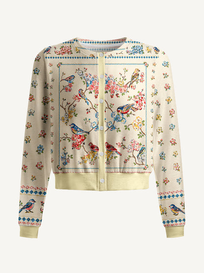 Lightweight Crew Neck Long‑Sleeve Cropped Vintage Floral Songbirds Print Fine‑Knit Cardigan