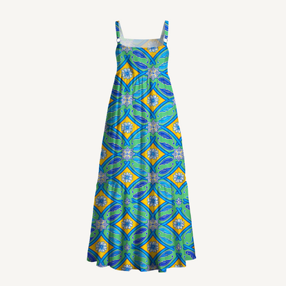 Square Neck Azure Tile Print Wide Straps Maxi Dress With Pockets