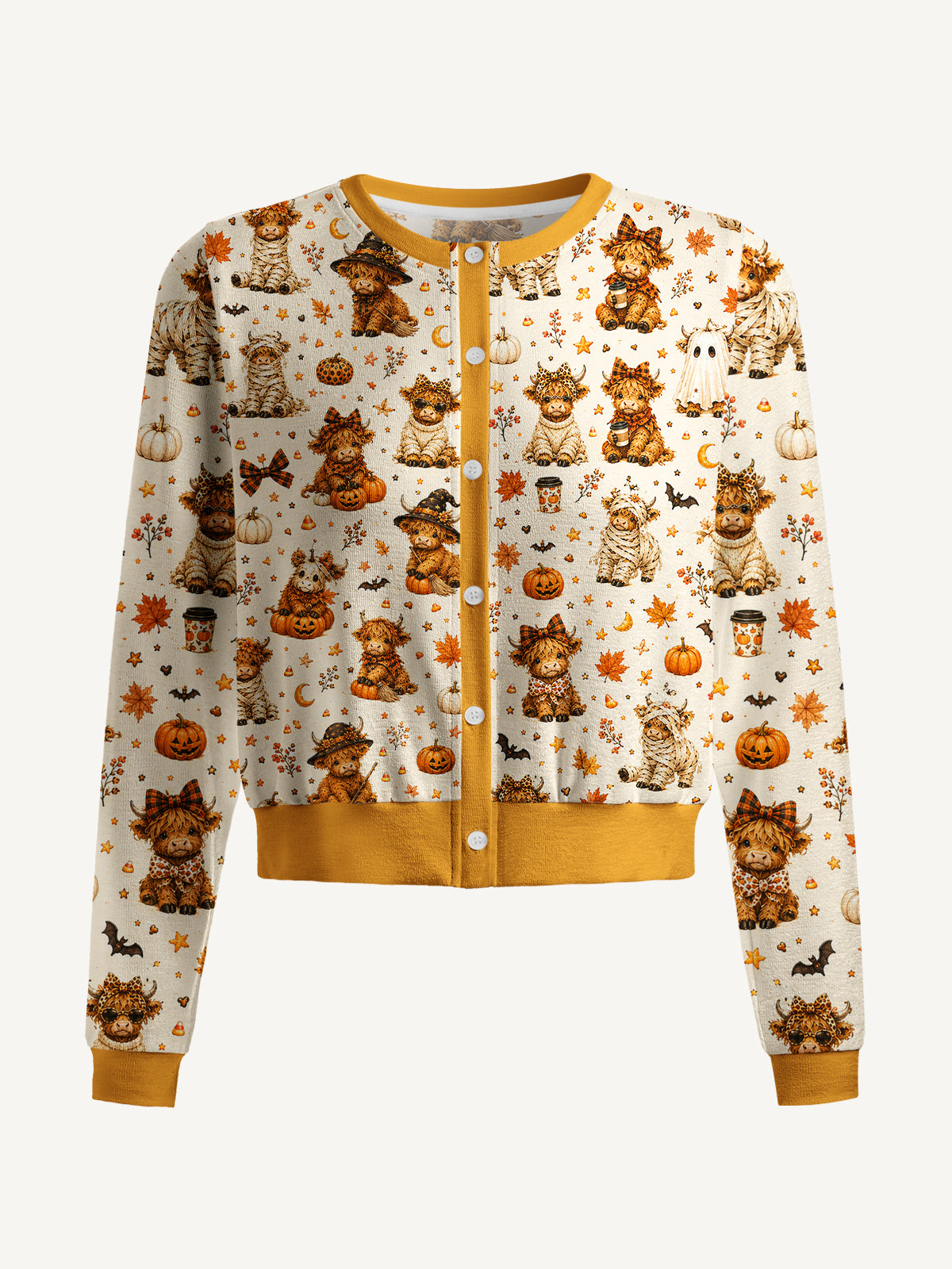 Lightweight Crew Neck Long‑Sleeve Cropped Spooky Highland Cows Print Fine‑Knit Cardigan