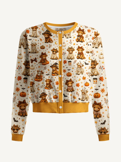 Lightweight Crew Neck Long‑Sleeve Cropped Spooky Highland Cows Print Fine‑Knit Cardigan