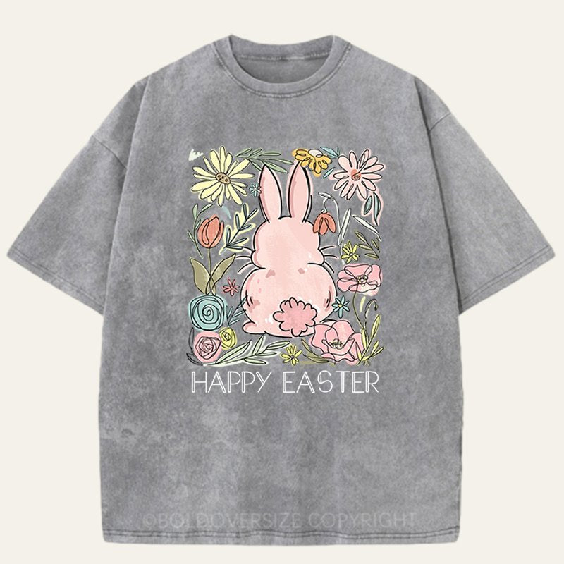 Vintage Wildflowers Easter Bunny Washed T-Shirt