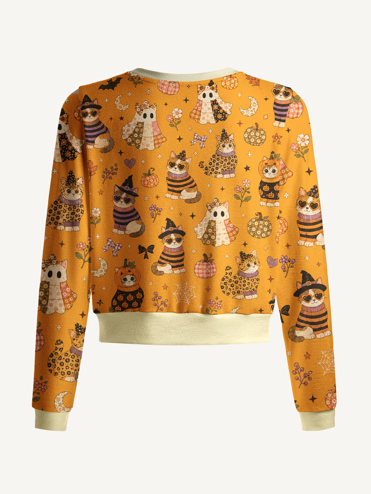 Lightweight Crew Neck Long‑Sleeve Cropped Spooky Retro Kittens Print Fine‑Knit Cardigan