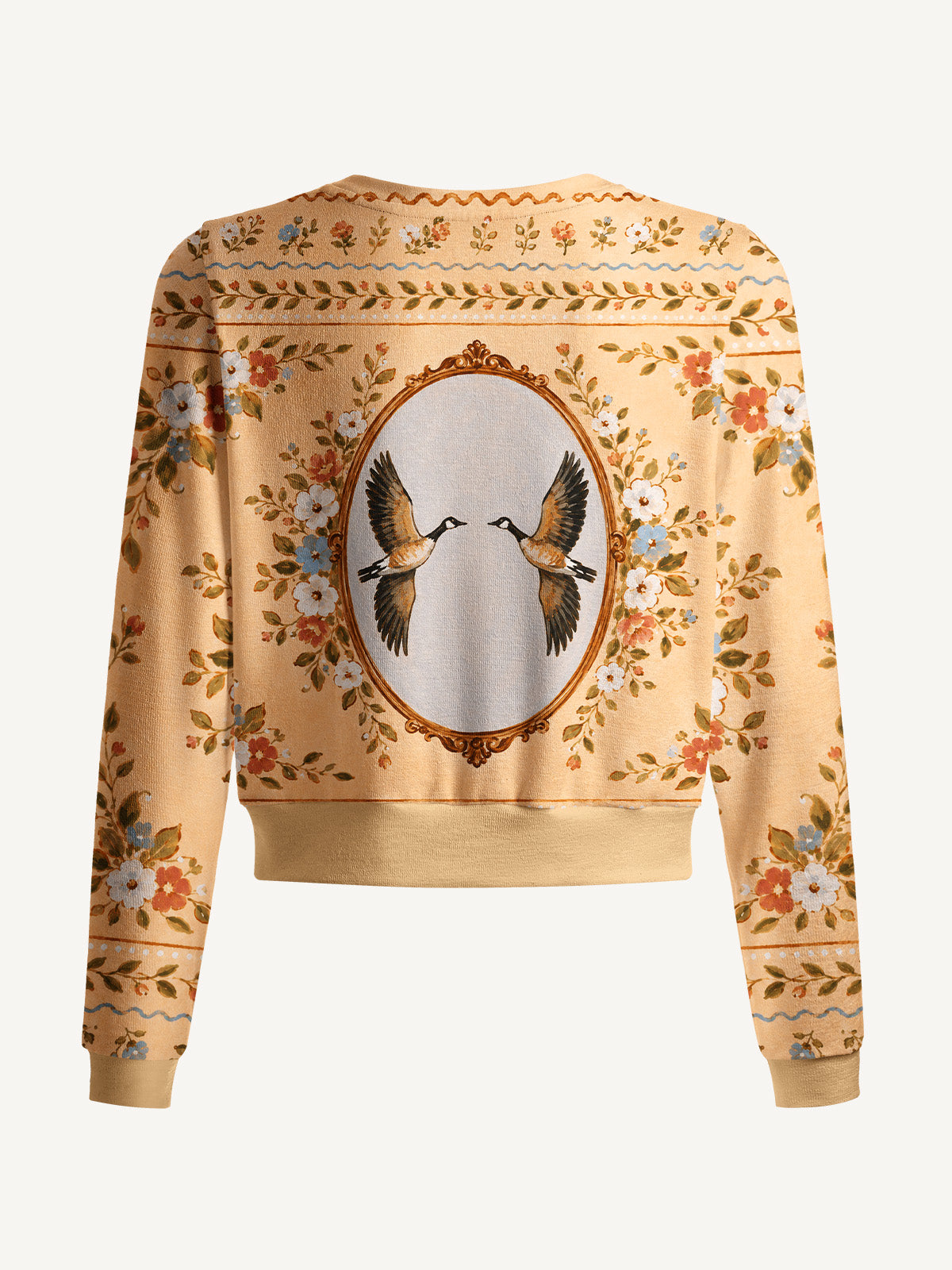 Lightweight Crew Neck Long‑Sleeve Cropped Flying Geese Portrait Print Fine‑Knit Cardigan