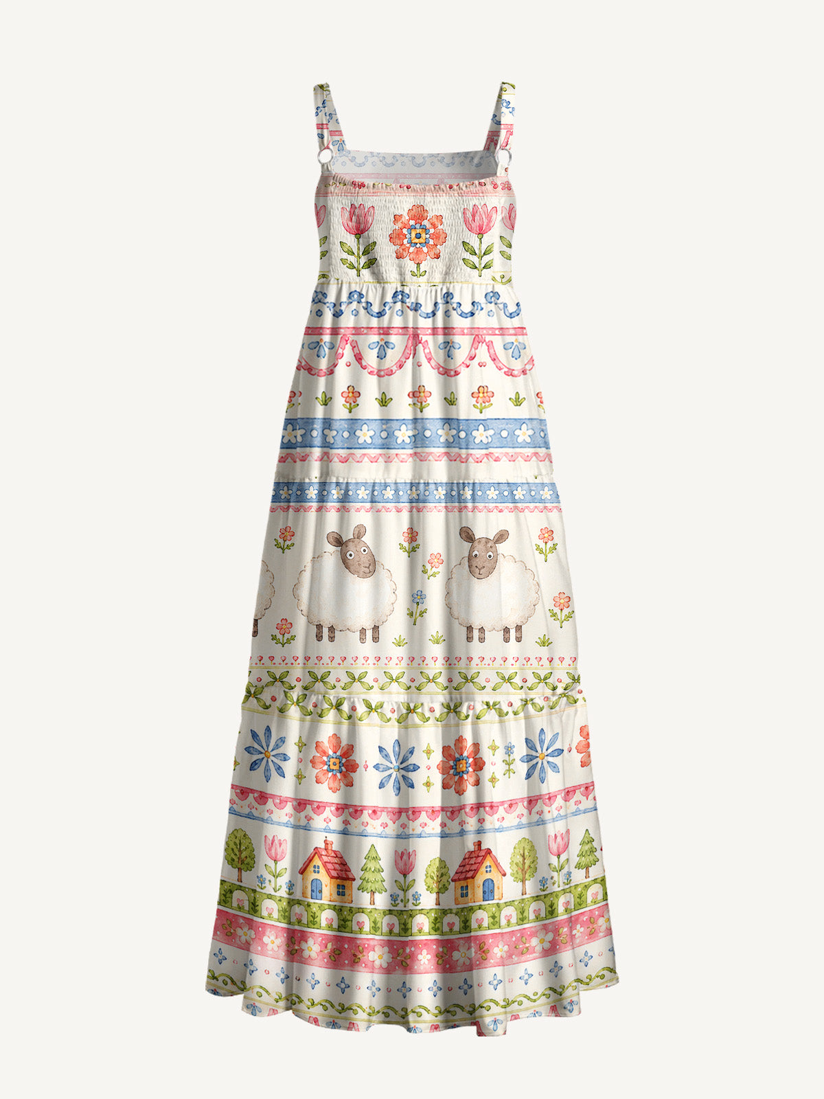 Pastoral Sheep Bands Print Wide Straps Maxi Dress With Pockets