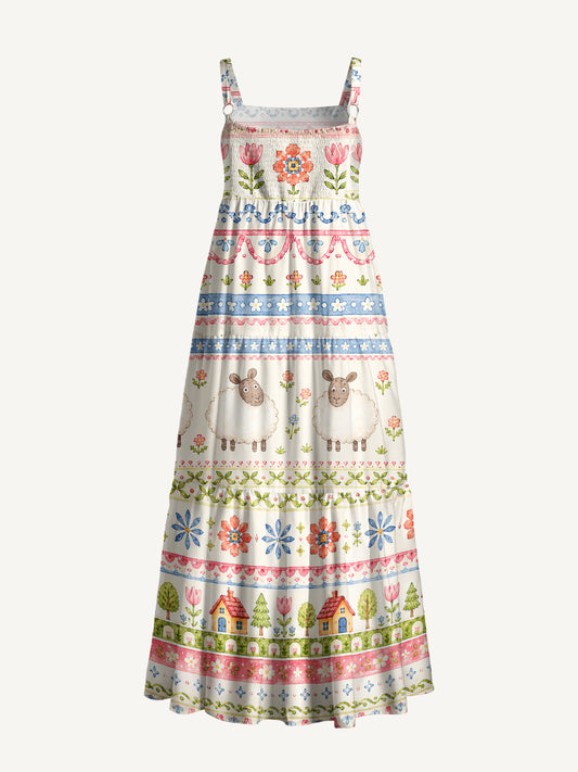 Pastoral Sheep Bands Print Wide Straps Maxi Dress With Pockets