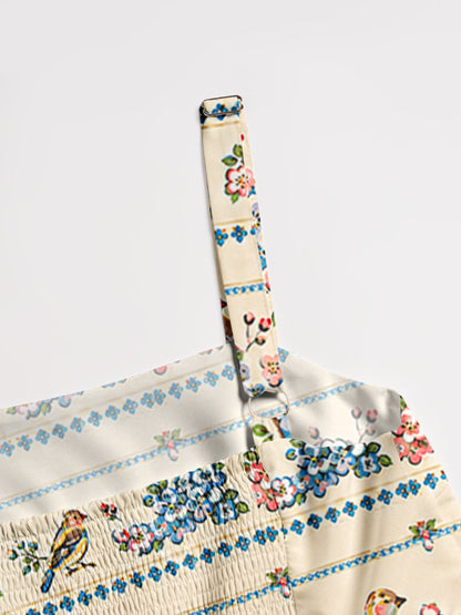 Vintage Floral Songbirds Print Wide Straps Maxi Dress With Pockets