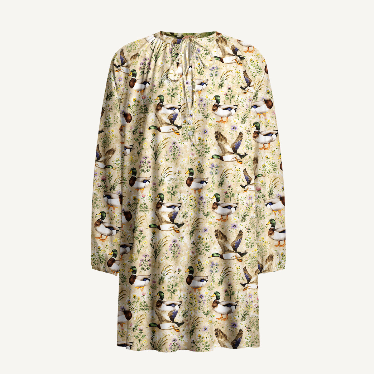 Watercolor Mallard Ducks Print Boho Long Sleeve Tie‑Neck Smock Mini Dress