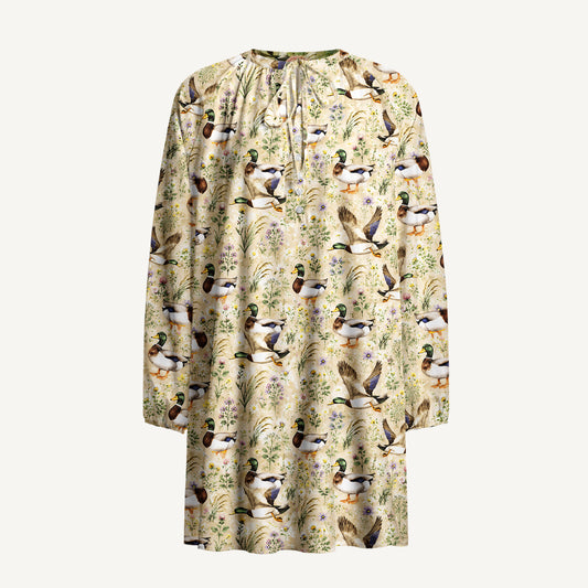 Watercolor Mallard Ducks Print Boho Long Sleeve Tie‑Neck Smock Mini Dress