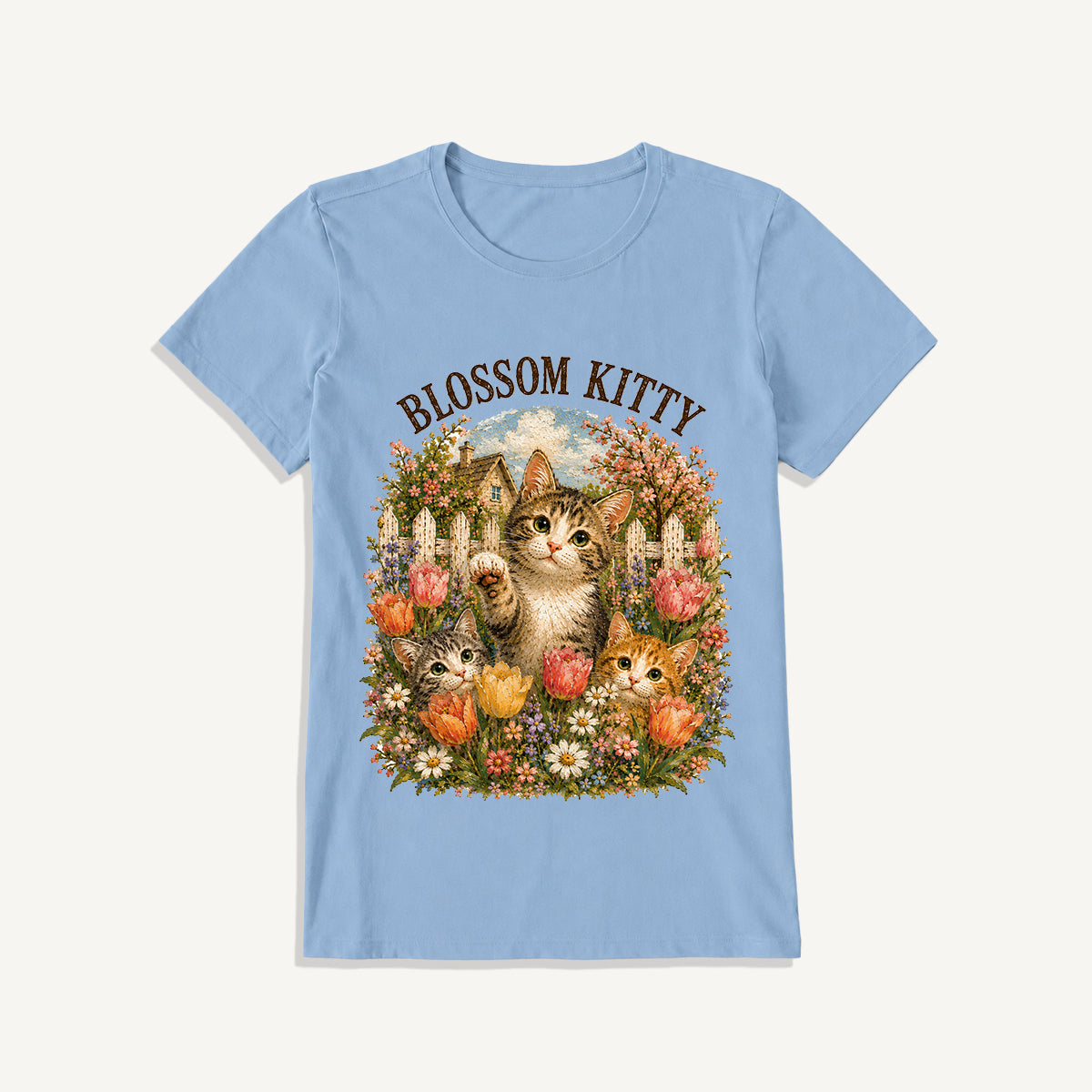 Blossom Kitty Cottage Print Crew Neck Cotton Tee