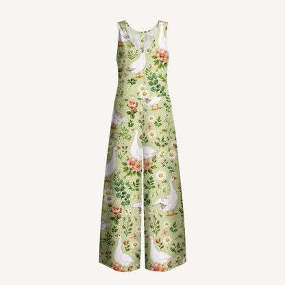 Pastoral Goose Garden Print Jumpsuit with Pockets for Women