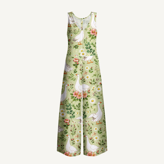 Pastoral Goose Garden Print Jumpsuit with Pockets for Women
