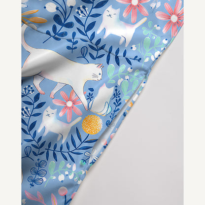 Blue Leaf Cat Print Boho Jumpsuit with Pockets for Women