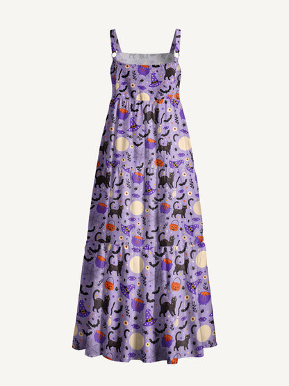 Moonlit Whiskers Print Wide Straps Maxi Dress With Pockets