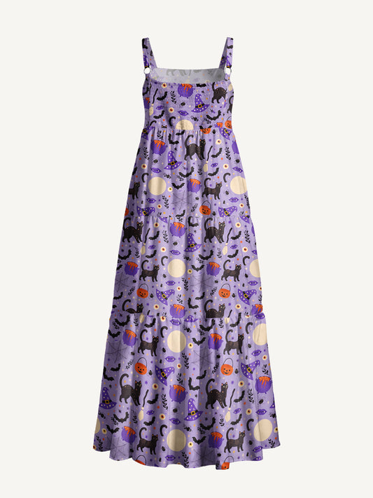 Moonlit Whiskers Print Wide Straps Maxi Dress With Pockets