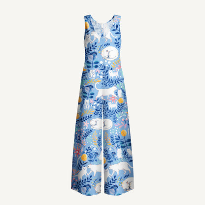 Blue Leaf Cat Print Boho Jumpsuit with Pockets for Women