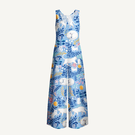 Blue Leaf Cat Print Boho Jumpsuit with Pockets for Women