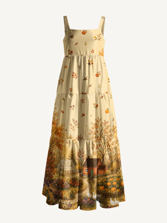 Autumn Garden Retreat Print Wide Straps Maxi Dress With Pockets