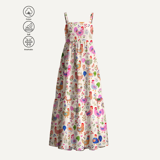 Colorful Farm Chickens Print Cotton Wide Straps Maxi Dress With Pockets