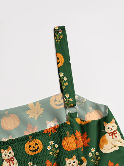 Pumpkin Patch Whiskers Print Wide Straps Maxi Dress With Pockets