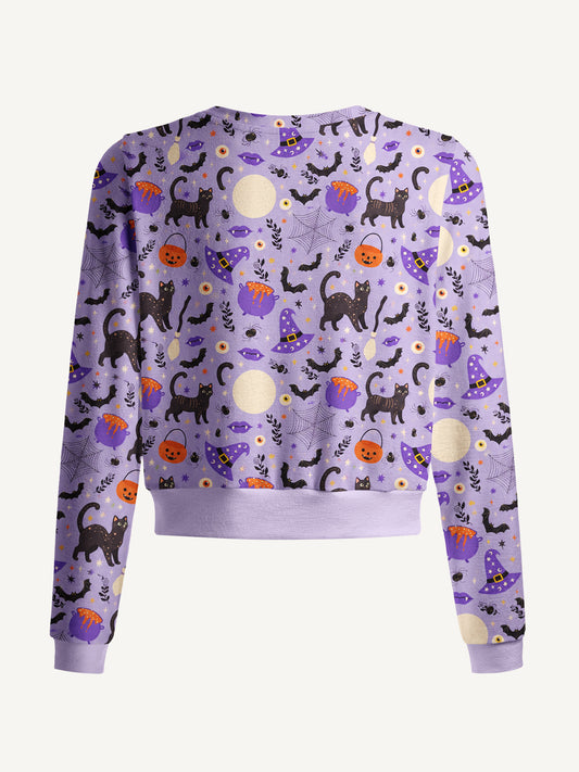 Lightweight Crew Neck Long‑Sleeve Cropped Moonlit Whiskers Print Fine‑Knit Cardigan