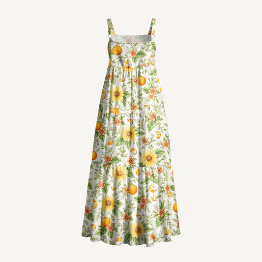 Vintage Orange Floral Pattern Print Wide Straps Maxi Dress With Pockets